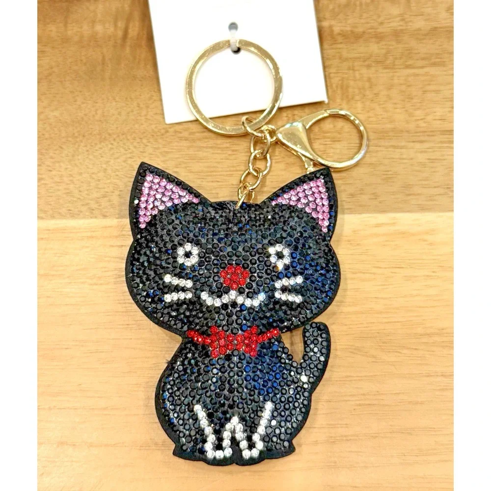 Black Cat Rhinestone Bling Faux Suede Stuffed Key Chain Charm Cat Lover Gift NEW